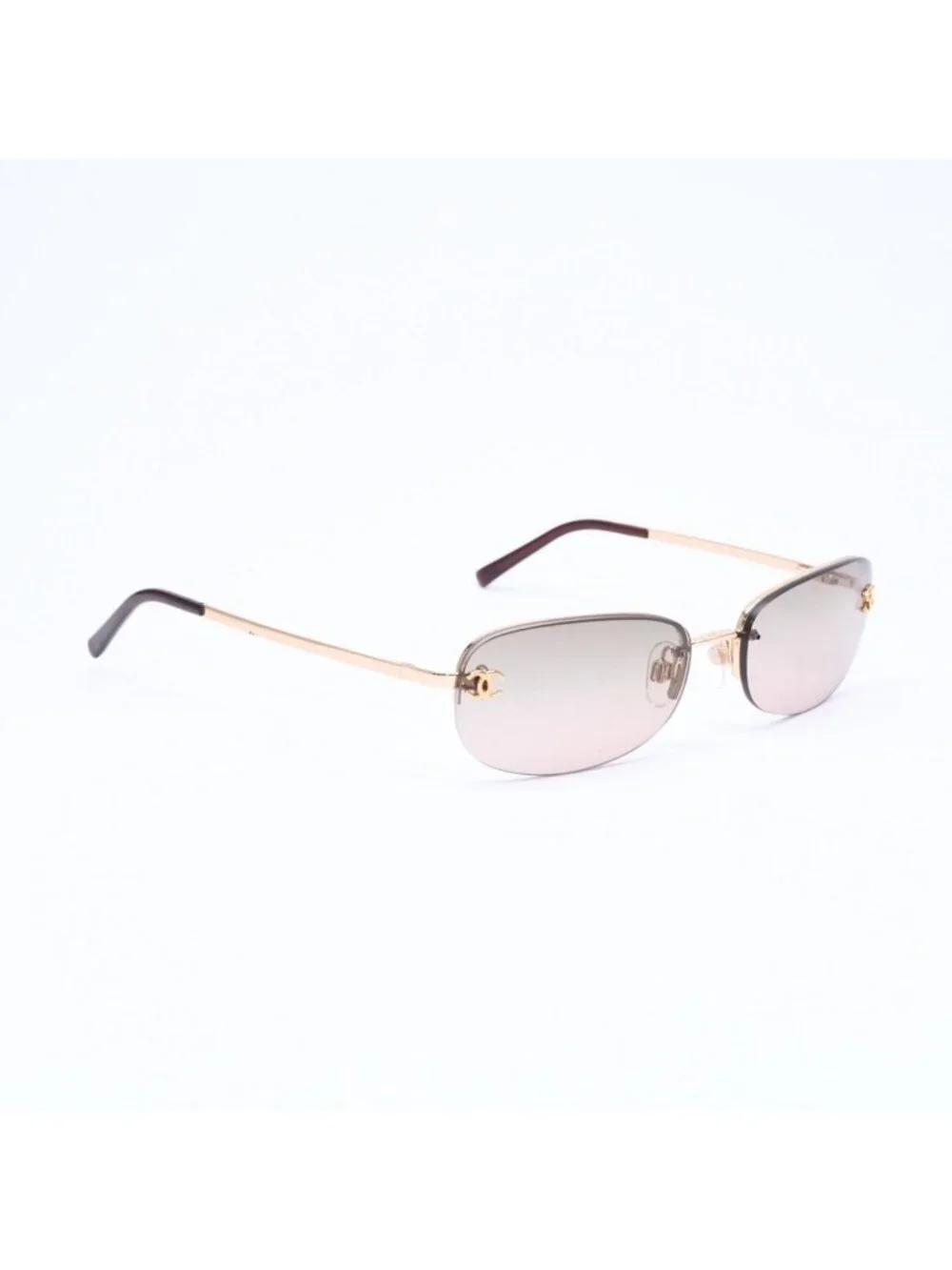 Chanel Rimless Sunglasses Side CC Logo Metal Brown Gold Eyewear